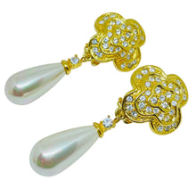 Load image into Gallery viewer, Vintage gold tone crystals drop faux pearl designer clip on earrings
