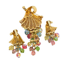 Load image into Gallery viewer, Vintage gold tone dangle cluster crystal balls designer brooch earrings set
