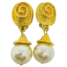 Load image into Gallery viewer, Vintage gold tone dangle faux pearl 80's designer clip on earrings
