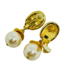 Load image into Gallery viewer, Vintage gold tone dangle faux pearl 80's designer clip on earrings
