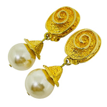 Load image into Gallery viewer, Vintage gold tone dangle faux pearl 80's designer clip on earrings
