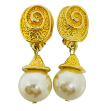 Load image into Gallery viewer, Vintage gold tone dangle faux pearl 80's designer clip on earrings
