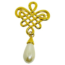 Load image into Gallery viewer, Vintage gold tone dangle faux pearl designer brooch
