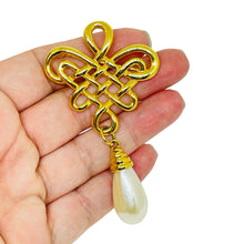 Load image into Gallery viewer, Vintage gold tone dangle faux pearl designer brooch
