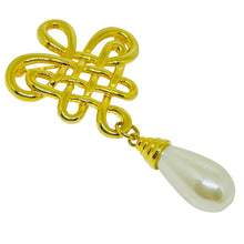 Load image into Gallery viewer, Vintage gold tone dangle faux pearl designer brooch
