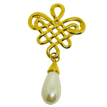 Load image into Gallery viewer, Vintage gold tone dangle faux pearl designer brooch
