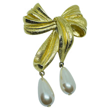 Load image into Gallery viewer, Vintage gold tone dangle faux pearls designer bow brooch

