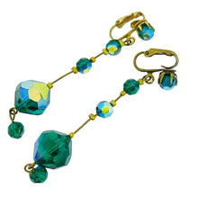 Load image into Gallery viewer, Vintage gold tone dangle green aurora crystals designer clip on earrings
