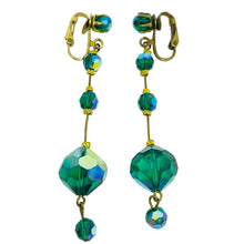 Load image into Gallery viewer, Vintage gold tone dangle green aurora crystals designer clip on earrings
