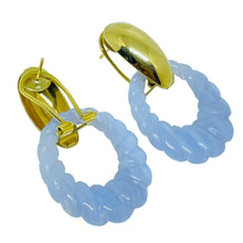 Load image into Gallery viewer, Vintage gold tone door knocker lavender glass designer pierced dangle earrings
