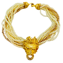 Load image into Gallery viewer, Vintage gold tone door knocker lions head rhinestone pearls designer necklace
