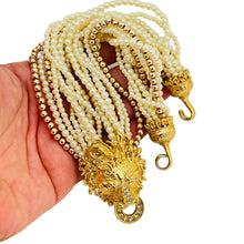 Load image into Gallery viewer, Vintage gold tone door knocker lions head rhinestone pearls designer necklace
