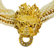 Load image into Gallery viewer, Vintage gold tone door knocker lions head rhinestone pearls designer necklace
