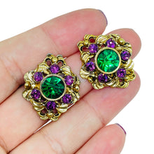 Load image into Gallery viewer, Vintage gold tone emerald amethyst glass designer post earrings
