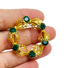 Load image into Gallery viewer, Vintage gold tone emerald green rhinestones designer brooch
