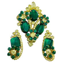 Load image into Gallery viewer, Vintage gold tone emerald green rhinestones flowers designer brooch earrings set
