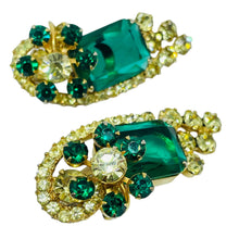 Load image into Gallery viewer, Vintage gold tone emerald green rhinestones flowers designer brooch earrings set
