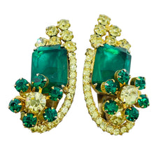 Load image into Gallery viewer, Vintage gold tone emerald green rhinestones flowers designer brooch earrings set
