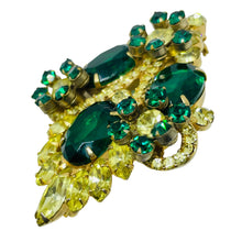 Load image into Gallery viewer, Vintage gold tone emerald green rhinestones flowers designer brooch earrings set

