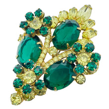 Load image into Gallery viewer, Vintage gold tone emerald green rhinestones flowers designer brooch earrings set
