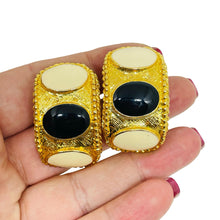Load image into Gallery viewer, Vintage gold tone enamel Etruscan designer clip on earrings

