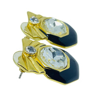 Load image into Gallery viewer, Vintage gold tone enamel bow crystal designer pierced earrings
