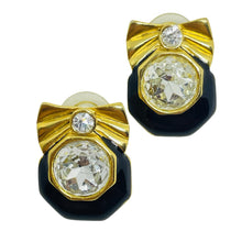 Load image into Gallery viewer, Vintage gold tone enamel bow crystal designer pierced earrings
