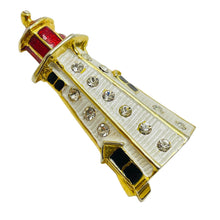 Load image into Gallery viewer, Vintage gold tone enamel lighthouse designer brooch
