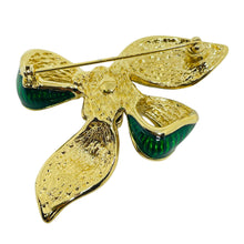 Load image into Gallery viewer, Vintage gold tone enamel rhinestone bow designer brooch

