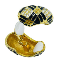 Load image into Gallery viewer, Vintage gold tone enamel rhinestone designer clip on earrings
