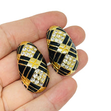 Load image into Gallery viewer, Vintage gold tone enamel rhinestone designer clip on earrings
