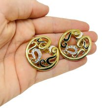 Load image into Gallery viewer, Vintage gold tone enamel rhinestone designer clip on earrings
