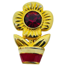 Load image into Gallery viewer, Vintage gold tone enamel rhinestone designer flower brooch
