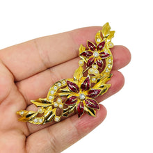 Load image into Gallery viewer, Vintage gold tone enamel rhinestone flower brooch
