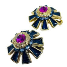 Load image into Gallery viewer, Vintage gold tone enamel rhinestone flower designer clip on earrings

