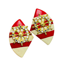 Load image into Gallery viewer, Vintage gold tone enamel rhinestone nautical designer earrings
