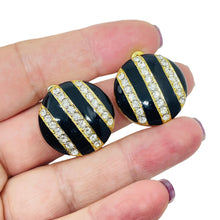 Load image into Gallery viewer, Vintage gold tone enamel rhinestones designer 80's clip on earrings
