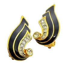 Load image into Gallery viewer, Vintage gold tone enamel rhinestones designer clip on earrings
