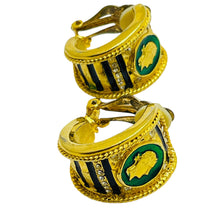 Load image into Gallery viewer, Vintage gold tone enamel rhinestones etruscan designer clip on earrings
