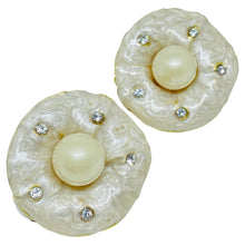 Load image into Gallery viewer, Vintage gold tone enamel rhinestones faux pearls designer clip on earrings
