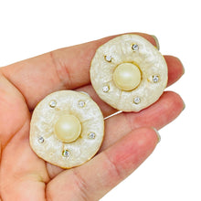 Load image into Gallery viewer, Vintage gold tone enamel rhinestones faux pearls designer clip on earrings
