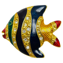 Load image into Gallery viewer, Vintage gold tone enamel rhinestones fish designer brooch
