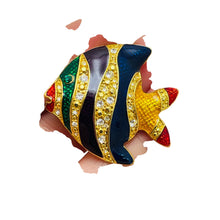 Load image into Gallery viewer, Vintage gold tone enamel rhinestones fish designer brooch
