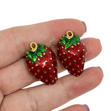 Load image into Gallery viewer, Vintage gold tone enamel strawberry designer clip on earrings
