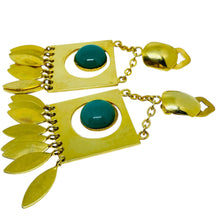 Load image into Gallery viewer, Vintage gold tone etruscan green cabs dangle designer clip on earrings
