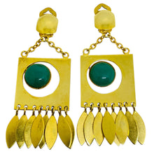 Load image into Gallery viewer, Vintage gold tone etruscan green cabs dangle designer clip on earrings
