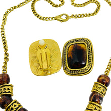 Load image into Gallery viewer, Vintage gold tone faux amber beaded chain designer necklace clip earrings set
