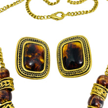 Load image into Gallery viewer, Vintage gold tone faux amber beaded chain designer necklace clip earrings set
