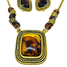 Load image into Gallery viewer, Vintage gold tone faux amber beaded chain designer necklace clip earrings set
