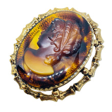 Load image into Gallery viewer, Vintage gold tone faux amber cameo designer brooch pendant
